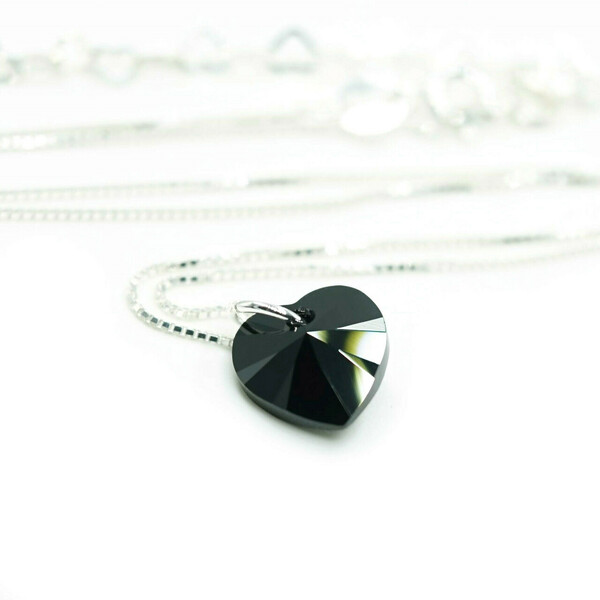 Κολιέ Καρδιά Κρυστάλλινη 10.3mm, Γυναικείο, Χρώμα Μαύρο, Ασημένια Αλυσίδα Βενετσιάνα Τετράγωνη 45εκ Nikolas Jewelry - charms, ασήμι 925, καρδιά, κοντά - 2