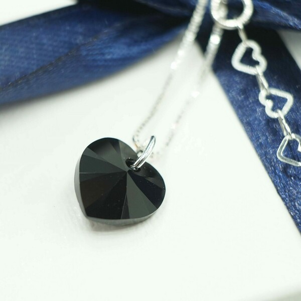 Κολιέ Καρδιά Κρυστάλλινη 10.3mm, Γυναικείο, Χρώμα Μαύρο, Ασημένια Αλυσίδα Βενετσιάνα Τετράγωνη 45εκ Nikolas Jewelry - charms, ασήμι 925, καρδιά, κοντά - 5