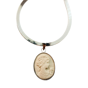 Κολιέ Cameo μπεζ με αλυσίδα φίδι από ασήμι 925 - μενταγιόν, κοντά, ασήμι, αλυσίδες