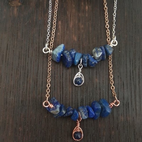 Κολιέ boho με χάντρες λάπις λάζουλι σε ασήμι 925 - 40 ή 45 cm - ημιπολύτιμες πέτρες, ασήμι 925, layering, boho, μπλε χάντρα - 4