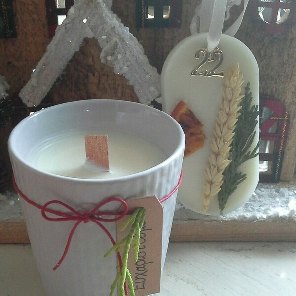 Αρωματικό κερί σόγιας σε πορσελάνη και αρωματική ταμπλέτα με γούρι και κερί μέλισσας - σπίτι, κεριά & κηροπήγια - 2