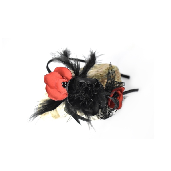 Στέκα με μαύρα και κόκκινα λουλούδια - ύφασμα, φτερό, λουλούδια, ιδεά για δώρο, στέκες - 3