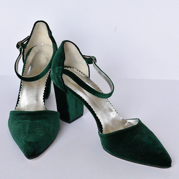 Γυναικεία Παπούτσια με Χοντρό Τακούνι σε Πράσινο Σκούρο Χρώμα - γυναικεία, βελούδο - 5