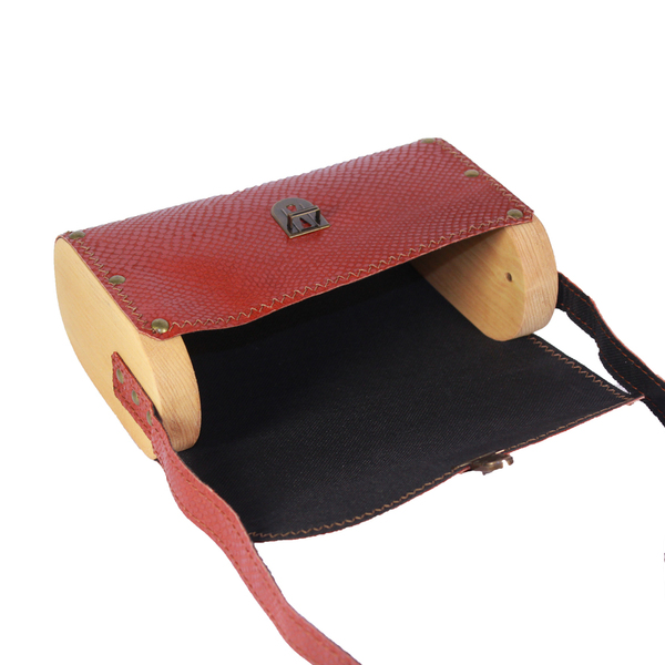 Ξύλινη δερμάτινη τσάντα κόκκινη ανάγλυφη - δέρμα, ξύλο, ώμου, χιαστί, all day - 2