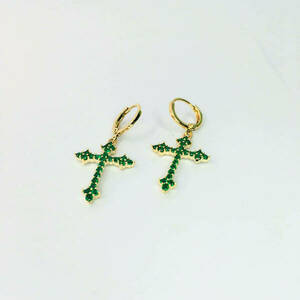 κρεμαστό σκουλαρίκι σταυρού με πράσινες πέτρες - ορείχαλκος, μικρά, boho, κρεμαστά, γάντζος