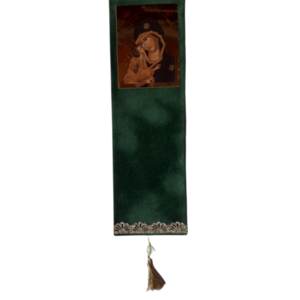 χειροποίητος βελουτέ πράσινος σελιδοδείκτης με εικόνα της Παναγίας - σελιδοδείκτες, με φούντες