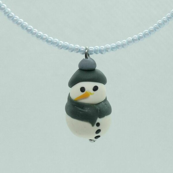 Ατσάλινο κολιέ με χιονάνθρωπο από πολυμερικό πηλό - επάργυρα, πηλός, κοντά, ατσάλι, seed beads - 3