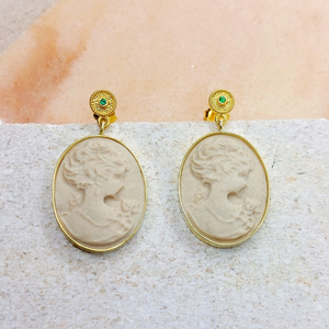 Σκουλαρίκια Cameo με σμαράγδια ( ασήμι 925, επιχρυσωμένο, σμαράγδι) - ασήμι, επιχρυσωμένα, κρεμαστά, μεγάλα - 3