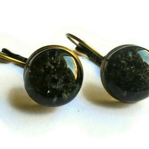 Μικρά Μαύρα Fused Glass Σκουλαρίκια με κούμπωμα ασφαλείας 25x13mm - γυαλί, μικρά, κρεμαστά, φθηνά