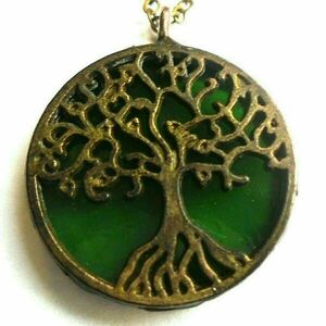 Κολιέ Δέντρο της Ζωής Μπρονζέ - Πράσινο Γυαλί Βιτρώ -25mm - γυαλί, κοντά, μπρούντζος, δέντρο, μενταγιόν