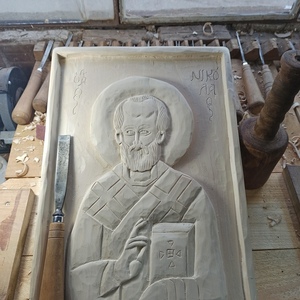 Ξυλόγλυπτη εικόνα Αγίου Νικολάου σε ξύλο Φλαμουριάς - πίνακες & κάδρα - 2