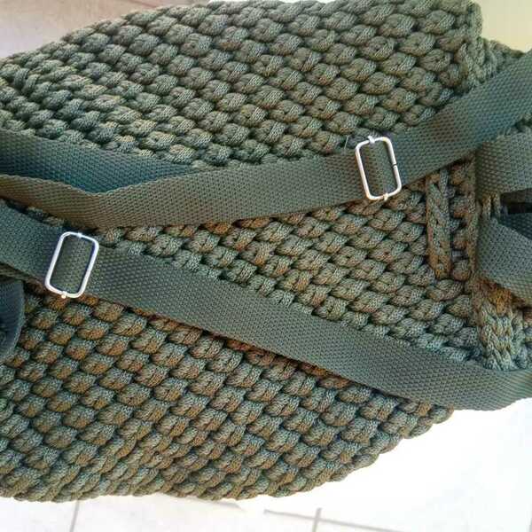 Πλεκτή λαδί τσάντα πλάτης (backpack) - ύφασμα, πλάτης, μεγάλες, all day, πλεκτές τσάντες - 5