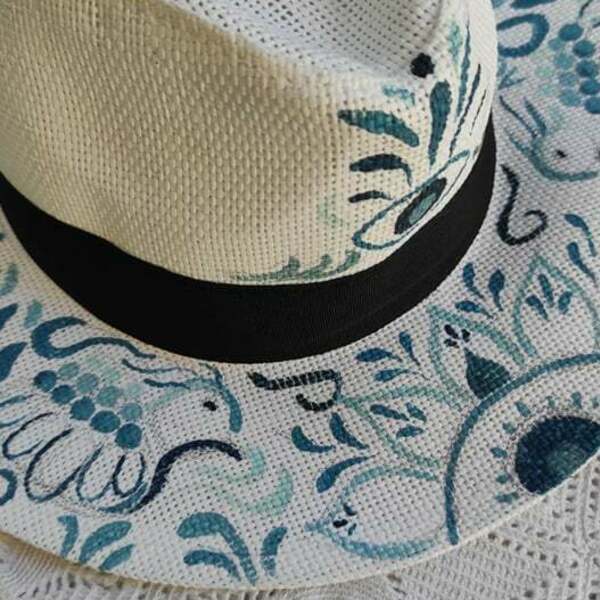 Λευκό Ψάθινο Καπέλο με Μπλε Σχέδια - ψάθινα - 4
