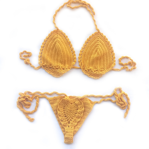 Sexy string bikini set, πλεκτό μαγιό μουσταρδί χρώμα - πλεκτό - 3