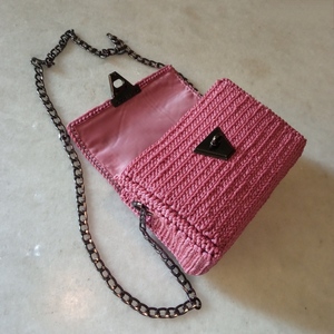 Πλεκτή γυναικεία τσάντα βαλιτσάκι ροζ - ύφασμα, ώμου, all day, tote, πλεκτές τσάντες - 4