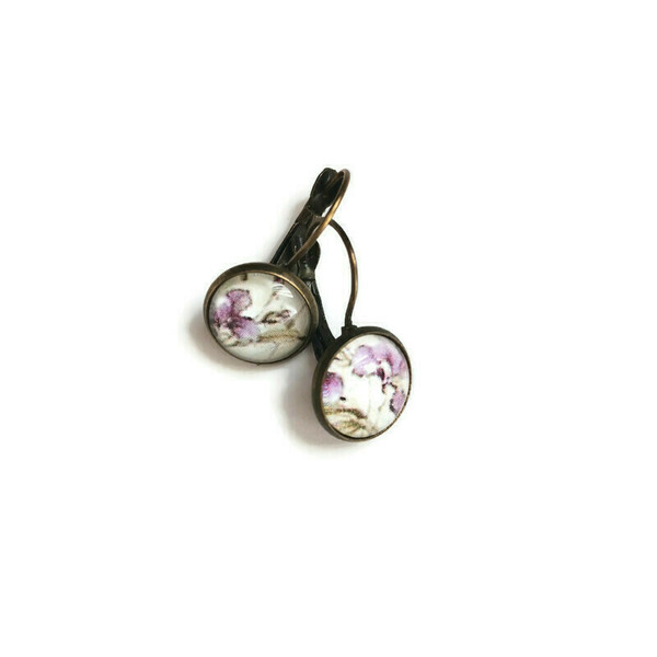 Σκουλαρίκια με γυάλινο στοιχείο, lilac iris - ορείχαλκος, μικρά, κρεμαστά