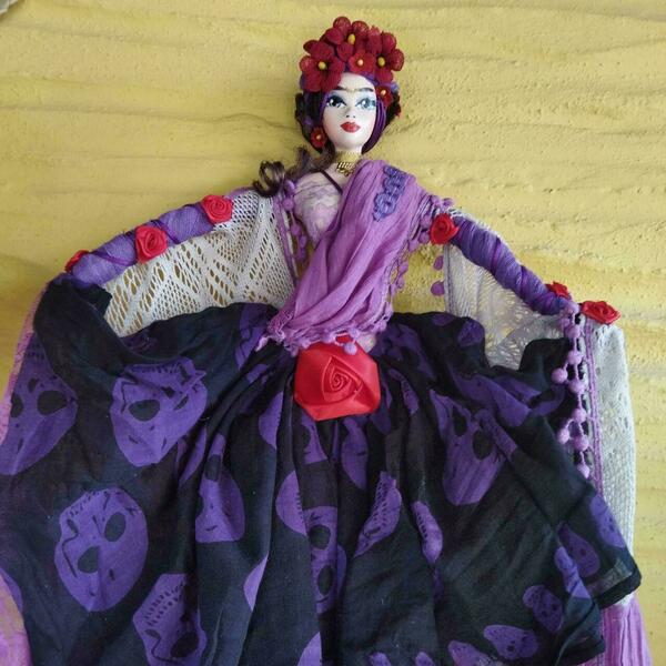 Διακοσμητική χειροποίητη Κούκλα 65 εκ. "Frida style" μωβ-λιλά-κόκκινο - κορίτσι, διακοσμητικά, frida kahlo, κούκλες - 2