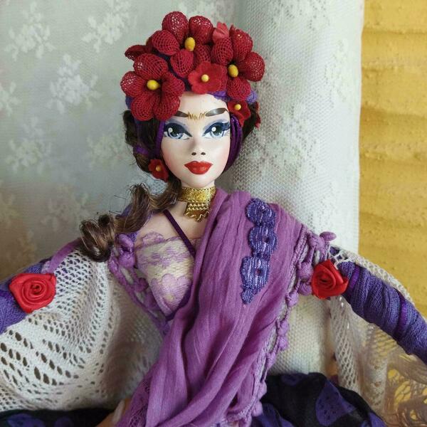 Διακοσμητική χειροποίητη Κούκλα 65 εκ. "Frida style" μωβ-λιλά-κόκκινο - κορίτσι, διακοσμητικά, frida kahlo, κούκλες - 3