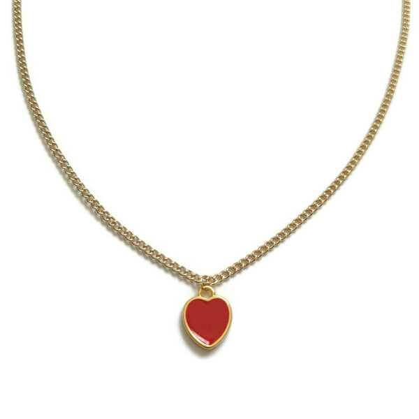 Κολιέ με χρυσή αλυσίδα και μεταλλική καρδιά με κόκκινο σμάλτο, δώρο για του Αγίου Βαλεντίνου. Μήκος 45 εκατοστά. - charms, καρδιά, κοσμήματα