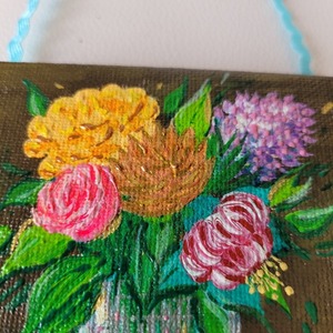 Μικρό πινακάκι με θέμα βάζο με λουλούδια, ζωγραφισμένο στο χέρι, καμβάς σε τελάρο 10*10 cm - ζωγραφισμένα στο χέρι, πίνακες & κάδρα - 4