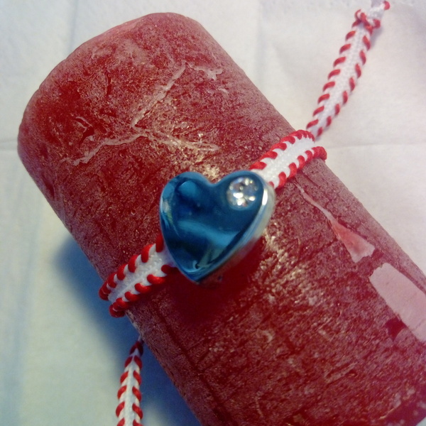 Μαρτακι με καρδιά επαργυρη ασημί (1,5 Χ 2) με ζιργκον, σε φαρδύ άσπρο κοκκινο κορδόνι - καρδιά, επάργυρα, κορδόνια, μαρτάκια, φθηνά - 2