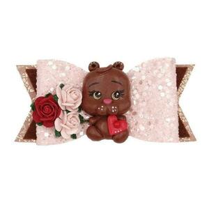 Παιδικό κλιπ Μαλλιών Αρκουδάκι με Καρδιά Ροζ Δερματίνη και Τσόχα 12x5 - κορίτσι, μαλλιά, αρκουδάκι, δώρα γενεθλίων, αξεσουάρ μαλλιών