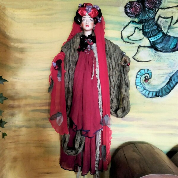 Μεγάλη διακοσμητική χειροποίητη Κούκλα από ύφασμα 105 εκ. "Frida style" κόκκινη-μπεζ-μωβ - κορίτσι, διακοσμητικά, frida kahlo, κούκλες - 2