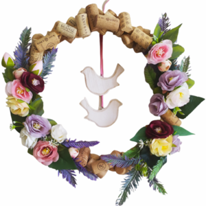 Χειροποίητο στεφάνι 38 cm διακοσμημένο με φελλούς και λουλούδια - στεφάνια, πουλάκια, λουλούδια, φελλός