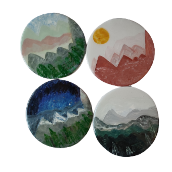 "mountains" Σετ σουβέρ των τεσσάρων τεμαχίων από πηλό και γυαλί - γυαλί, ζωγραφισμένα στο χέρι, σουβέρ, πηλός, πιατάκια & δίσκοι