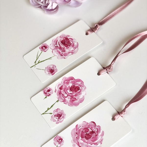 Σελιδοδείκτης ροζ τριαντάφυλλο ζωγραφισμένος στο χέρι - χειροποίητα, σελιδοδείκτες, φλοράλ - 2