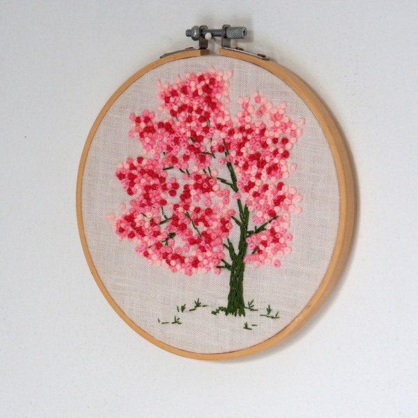 Ανθισμένο δέντρο με ροζ λουλούδια, κέντημενο τελάρο - τελάρα κεντήματος - 2