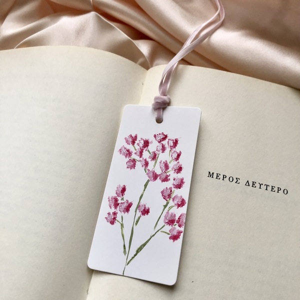 Σελιδοδείκτης ροζ άνθος με βελούδινη κορδέλα - ζωγραφισμένα στο χέρι, λουλούδια, χειροποίητα, σελιδοδείκτες, φλοράλ - 2