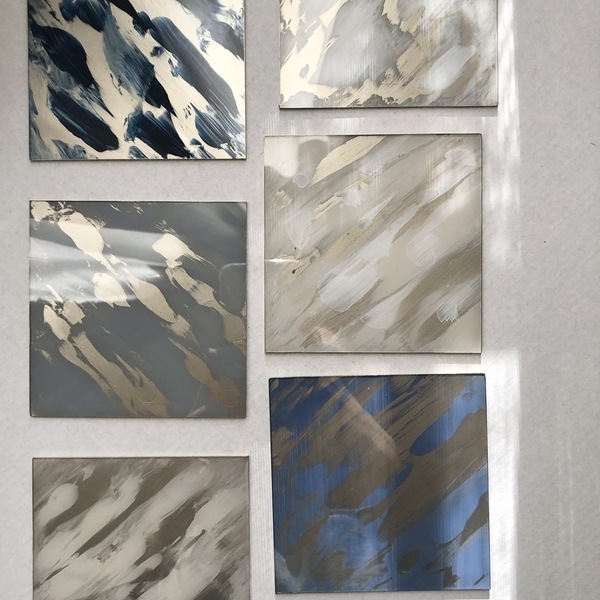 6 Σουβέρ από plexiglass ζωγραφισμένα σε μπεζ-μπλε-χρυσό 10x10 cm - σουβέρ, minimal, plexi glass, διακοσμητικά - 2