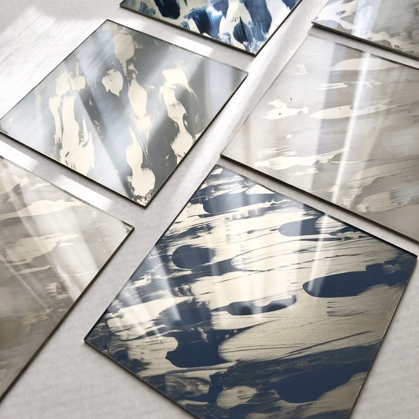 6 Σουβέρ από plexiglass ζωγραφισμένα σε μπεζ-μπλε-χρυσό 10x10 cm - σουβέρ, minimal, plexi glass, διακοσμητικά - 5