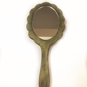 Καθρέφτης χειρός ξύλινος πράσινο-χρυσό με ντεκουπαζ και ανάγλυφες λεπτομέρειες. - χειροποίητα, ιδεά για δώρο - 2