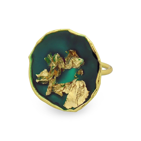 Δαχτυλίδι σμαραγδί - πράσινο με υγρό γυαλί και φύλλα ψευδόχρυσου. - γυαλί, μπρούντζος, μεγάλα, αυξομειούμενα, δώρα για γυναίκες - 3