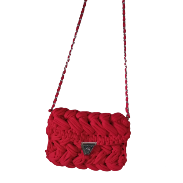 Πλεκτή γυναικεία τσάντα κόκκινη ζιγκ ζαγκ πλέξη - νήμα, ώμου, all day, tote, πλεκτές τσάντες