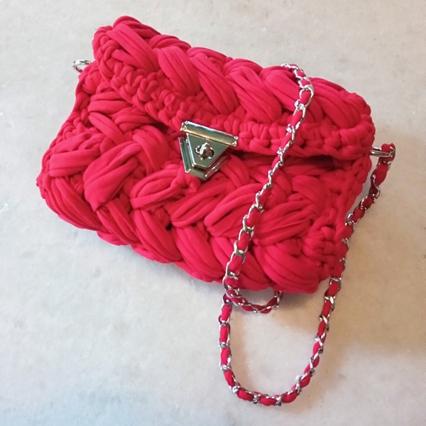 Πλεκτή γυναικεία τσάντα κόκκινη ζιγκ ζαγκ πλέξη - νήμα, ώμου, all day, tote, πλεκτές τσάντες - 2