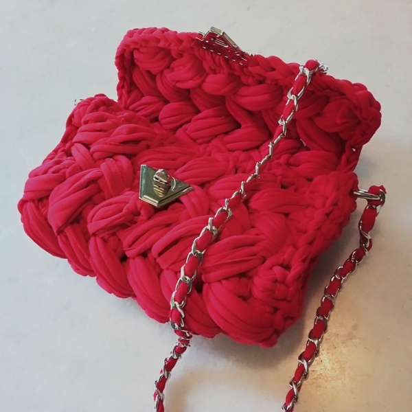 Πλεκτή γυναικεία τσάντα κόκκινη ζιγκ ζαγκ πλέξη - νήμα, ώμου, all day, tote, πλεκτές τσάντες - 3