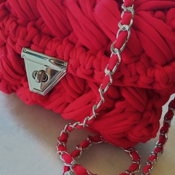 Πλεκτή γυναικεία τσάντα κόκκινη ζιγκ ζαγκ πλέξη - νήμα, ώμου, all day, tote, πλεκτές τσάντες - 4