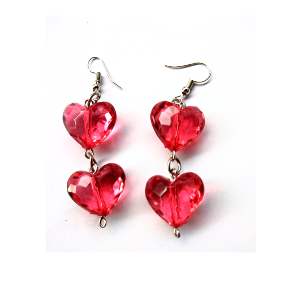 Κρεμαστά σκουλαρίκια με κόκκινες καρδιές - πλαστικό, καρδιά, χάντρες, κοσμήματα, κρεμαστά