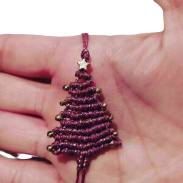 Μακραμέ μωβ βραχιόλι Χριστουγεννιάτικο δέντρο 4 εκ - μακραμέ, κορδόνια, χάντρες, χεριού, αυξομειούμενα - 2