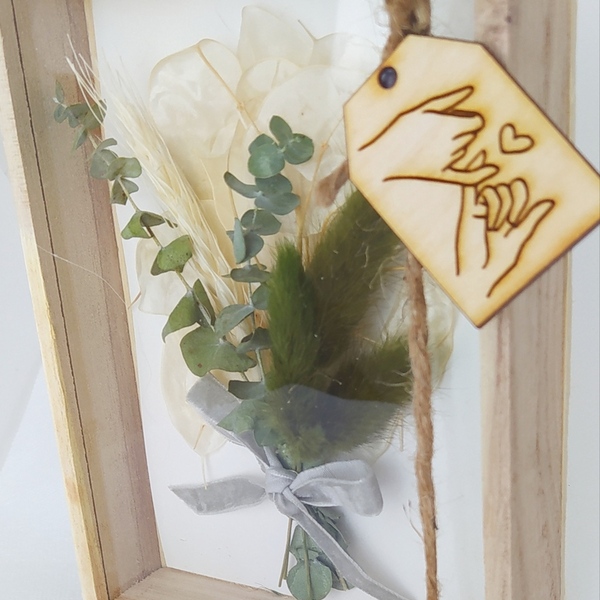 Μπουκέτο αποξηραμένα λουλούδια σε ξύλινο κουτάκι-καδράκι με lunaria και lagurus - λουλούδια, διακοσμητικά, δώρα αγίου βαλεντίνου