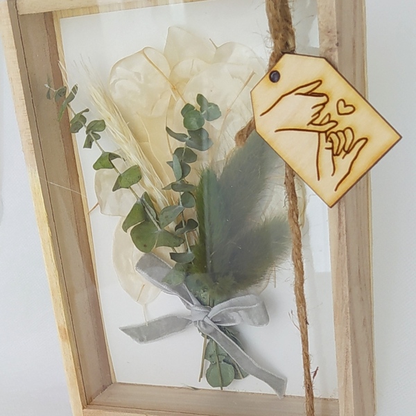 Μπουκέτο αποξηραμένα λουλούδια σε ξύλινο κουτάκι-καδράκι με lunaria και lagurus - λουλούδια, διακοσμητικά, δώρα αγίου βαλεντίνου - 2