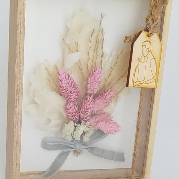 Μπουκέτο αποξηραμένα λουλούδια σε ξύλινο κουτάκι-καδράκι με phalaris και oak - δώρο, λουλούδια, διακοσμητικά, δώρα αγίου βαλεντίνου