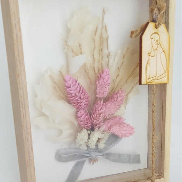 Μπουκέτο αποξηραμένα λουλούδια σε ξύλινο κουτάκι-καδράκι με phalaris και oak - δώρο, λουλούδια, διακοσμητικά, δώρα αγίου βαλεντίνου - 2