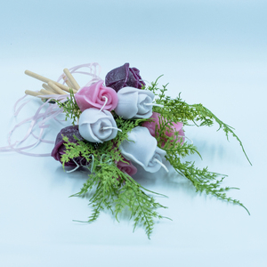 Κεριά χειροποίητα αρωματικά ανθοδέσμη με φούξια-μωβ-λιλά λουλούδια - νήμα, λουλούδια, αρωματικά κεριά, αγ. βαλεντίνου