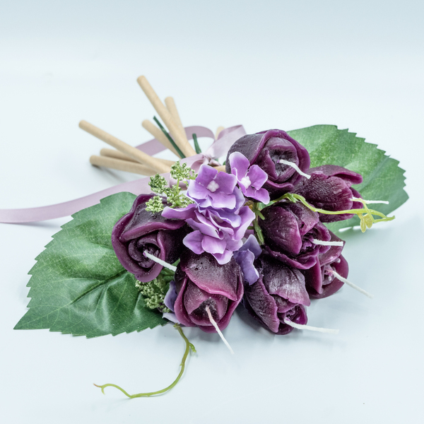 Κεριά χειροποίητα αρωματικά ανθοδέσμη με μωβ λουλούδια - λουλούδια, αρωματικά κεριά, αγ. βαλεντίνου, κερί σόγιας