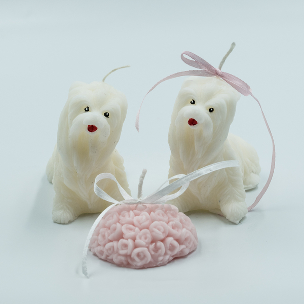 Κεριά χειροποίητα αρωματικά σκυλάκια λευκά με ροζ καρδιά - νήμα, καρδιά, αρωματικά κεριά, αγ. βαλεντίνου