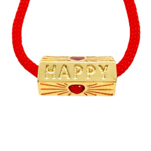 Βραχιόλι αυξομειούμενο με κόκκινο κορδόνι και χάλκινη χάντρα σε χρυσό χρώμα " HAPPY" - χαλκός, κορδόνια, χάντρες, χεριού, αυξομειούμενα - 2